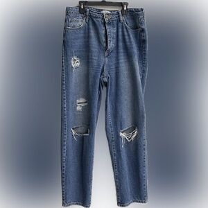 Medium Blue Distressed Ripped Mom Boyfriend Straight Leg Denim Jeans Size 30